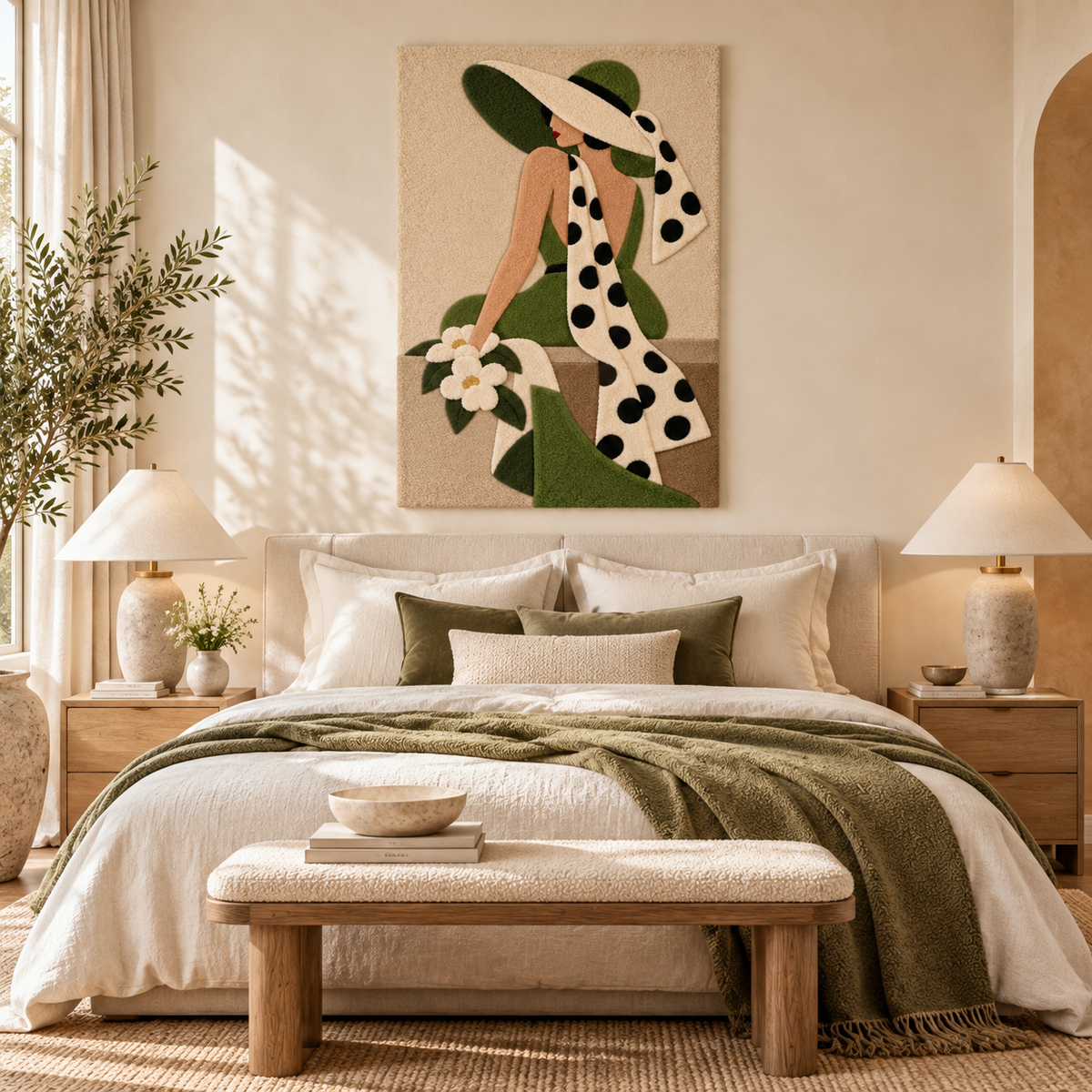 Olive Hat and Polka Dot Scarf — front-facing room scene [room-front]