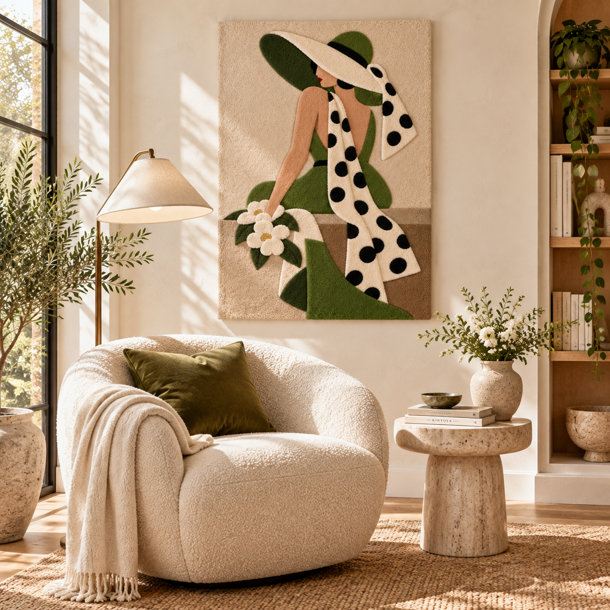 Olive Hat and Polka Dot Scarf — front-facing room scene [room-front]