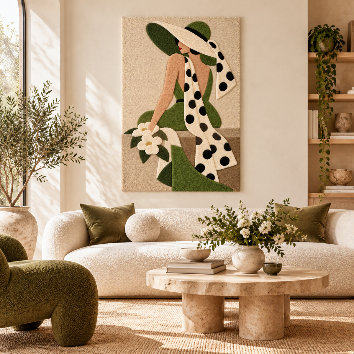 Olive Hat and Polka Dot Scarf — front-facing room scene [room-front]