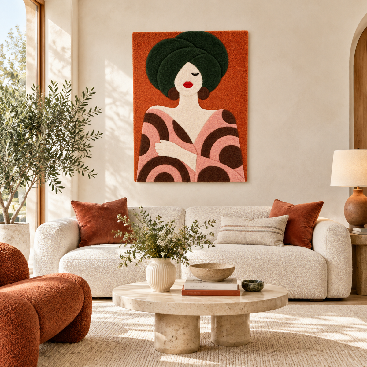 Hewn Earth Olive Turban Blush Reverie wall art displayed in a room, featuring an abstract design with olive green and blush tones.