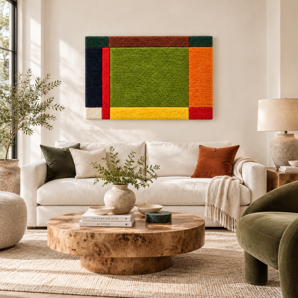 Hewn Earth Olive Window Colorframe wall art, featuring a vibrant olive-colored window design displayed in a room setting