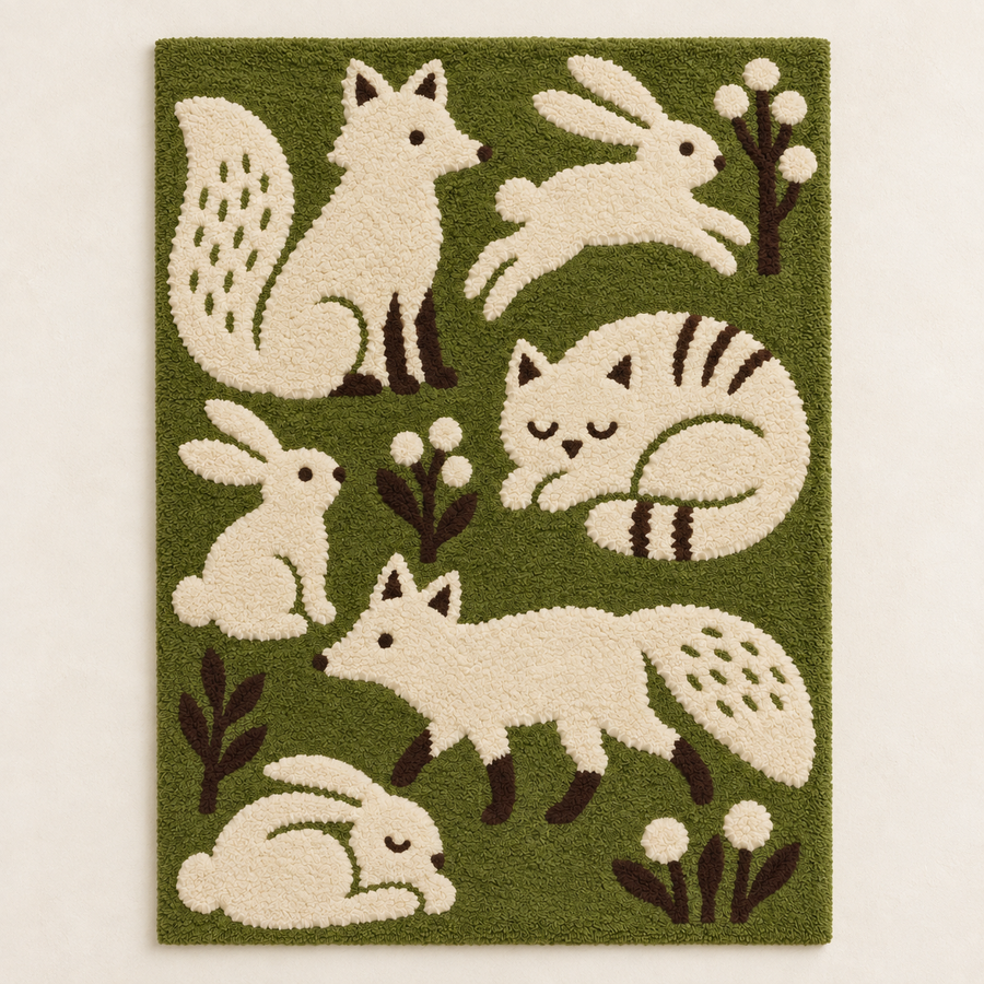 Olive Woodland Friends wall art by Hewn Earth featuring charming woodland animal illustrations on a light background.