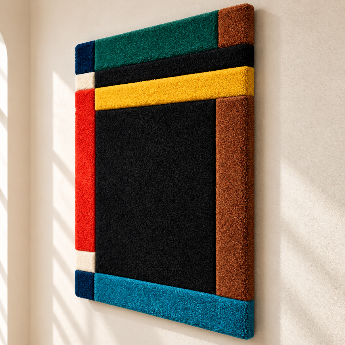 Onyx window wall art with primary borders by Hewn Earth, showcasing a sleek, modern design with angular accents in the image.