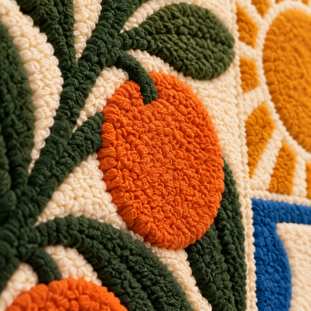 Orange Grove and Blue Pitcher — tufted wool texture detail