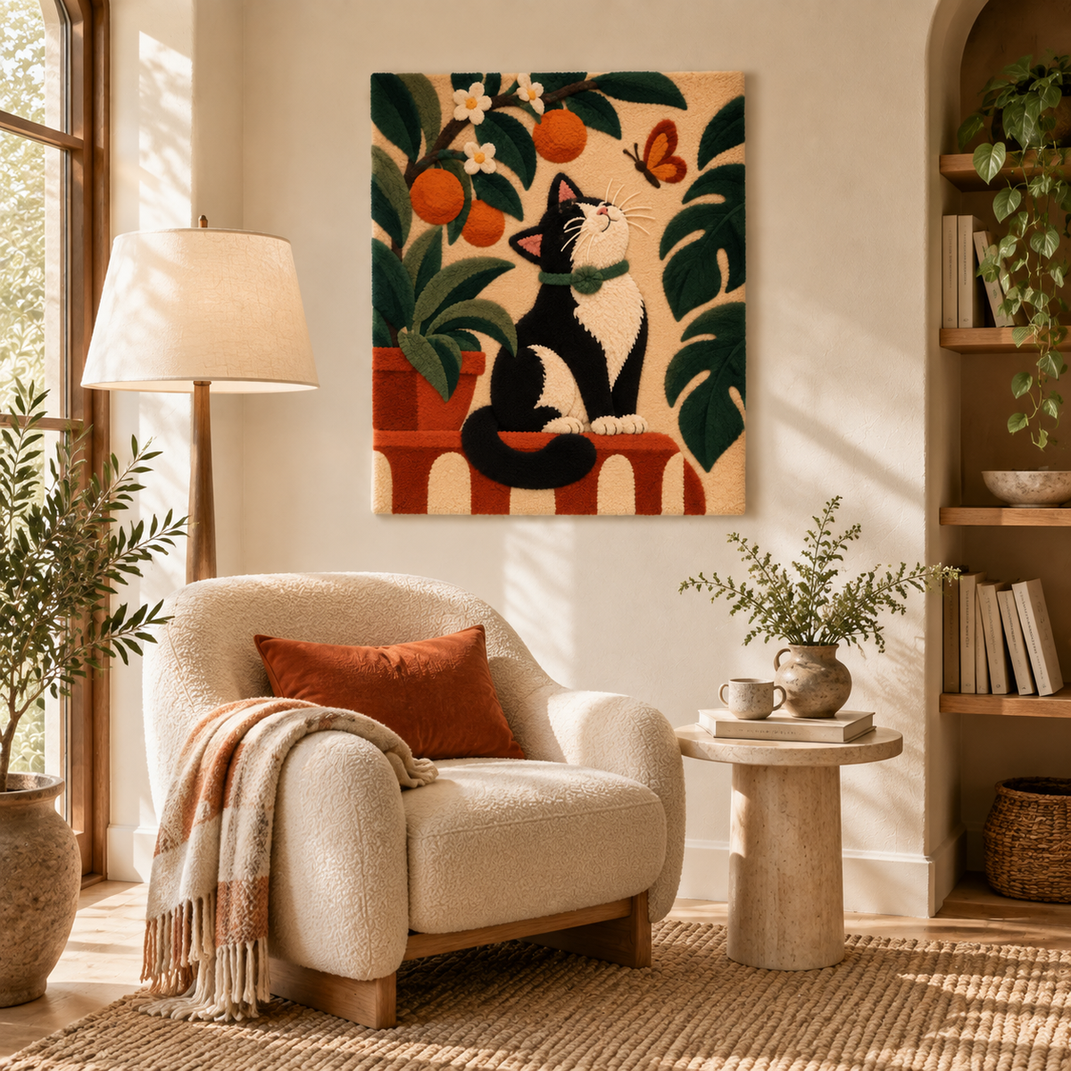 Hewn Earth Orange Grove Catwatch wall art featuring a vibrant orange grove scene displayed on a wall.