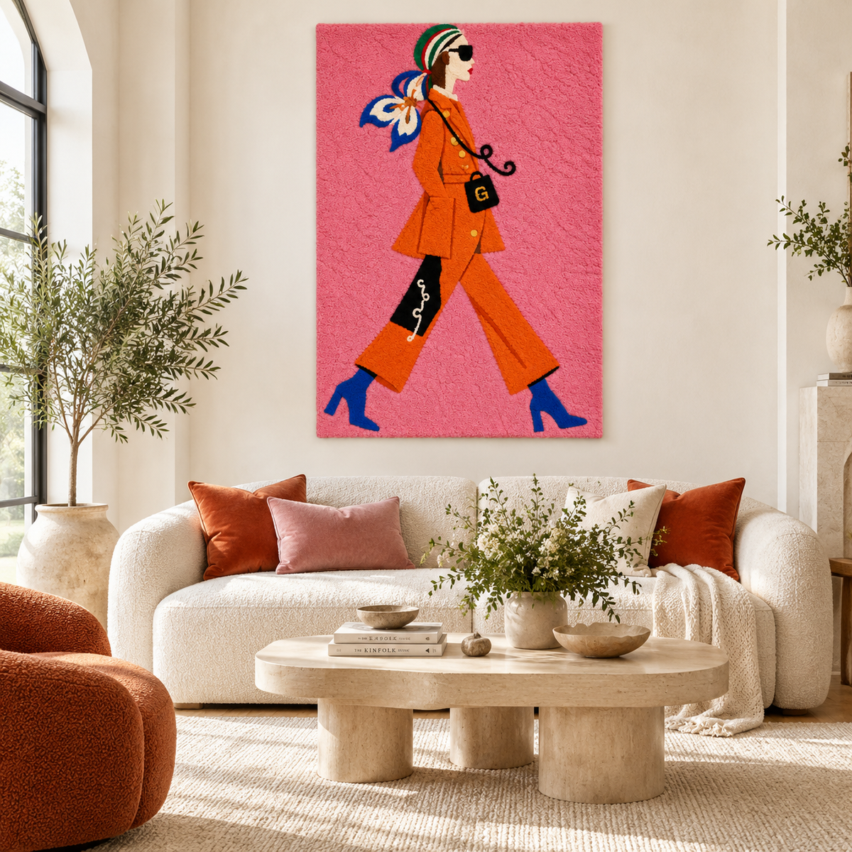 Orange Suit City Stride wall art by Hewn Earth, featuring vibrant orange tones in a modern city scene.