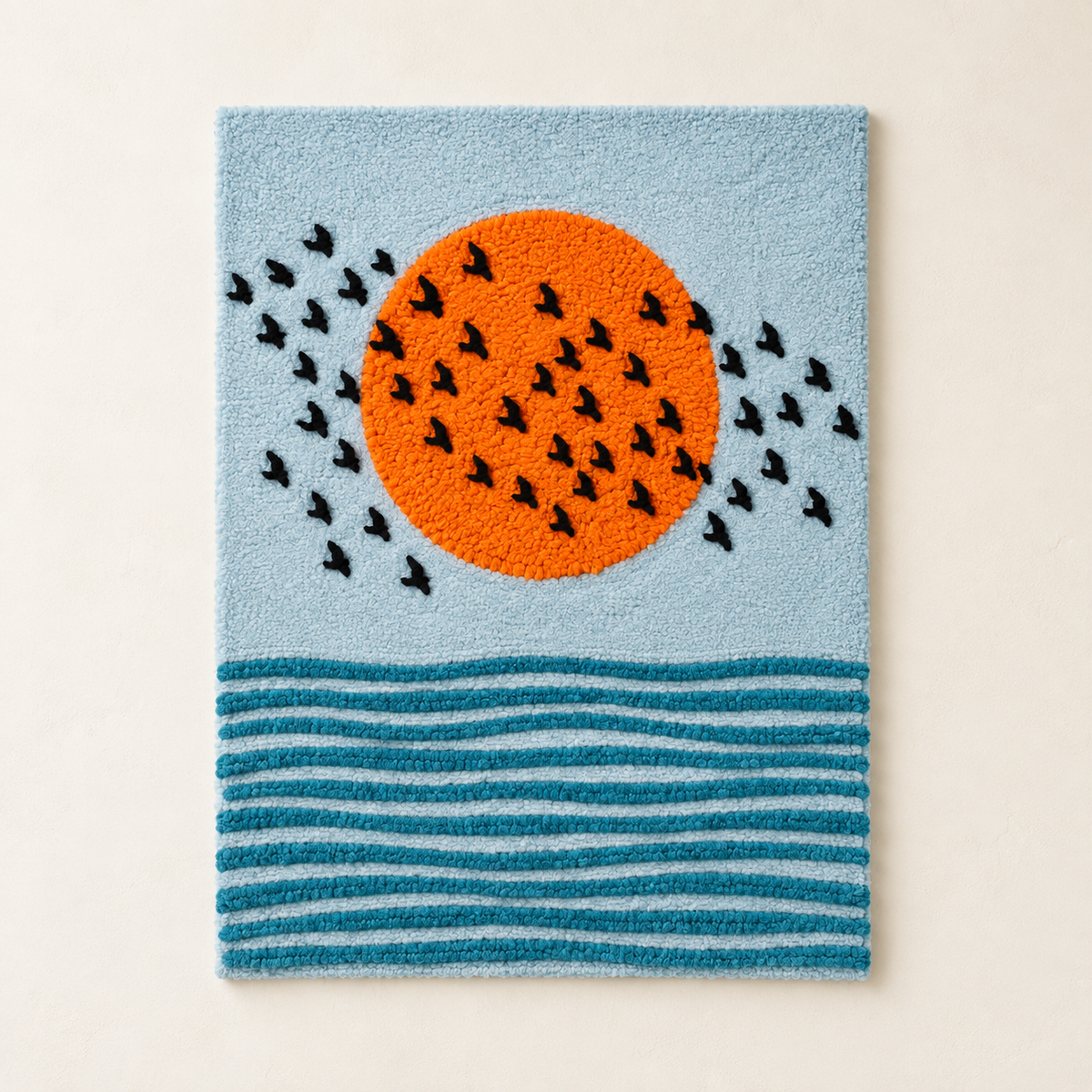 Orange Sun Seabird Chorus wall art by Hewn Earth featuring vibrant orange sun and seabirds in a natural scene.