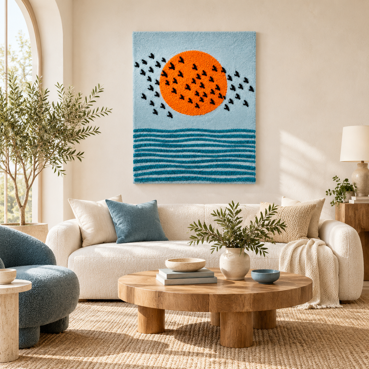 Orange Sun Seabird Chorus wall art by Hewn Earth featuring vibrant orange sun and seabirds, perfect for modern room decor.