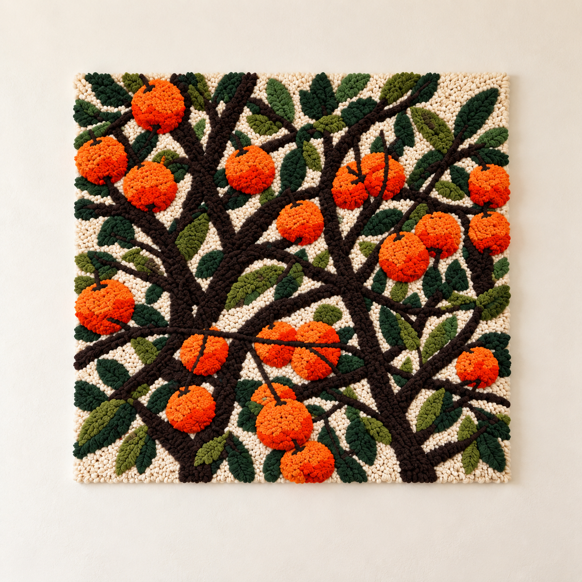 Hewn Earth wall art featuring vibrant oranges hanging in a lush canopy, ideal for nature-inspired home decor.
