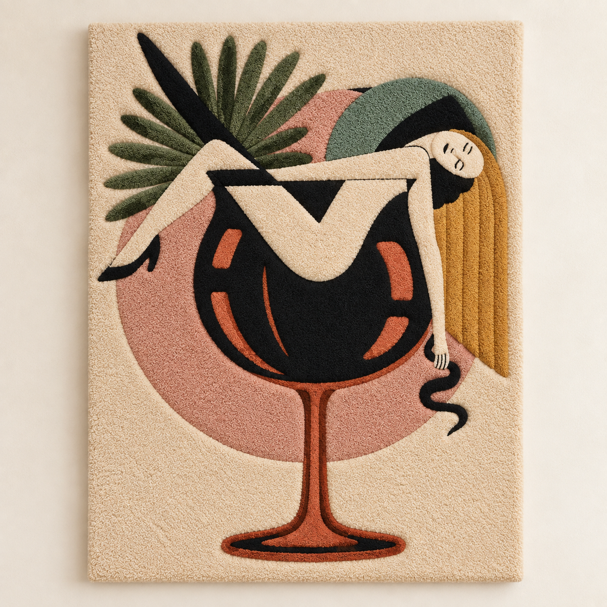 Hewn Earth Palm Cocktail Daydream wall art featuring a vibrant tropical palm and cocktail scene on a light background.