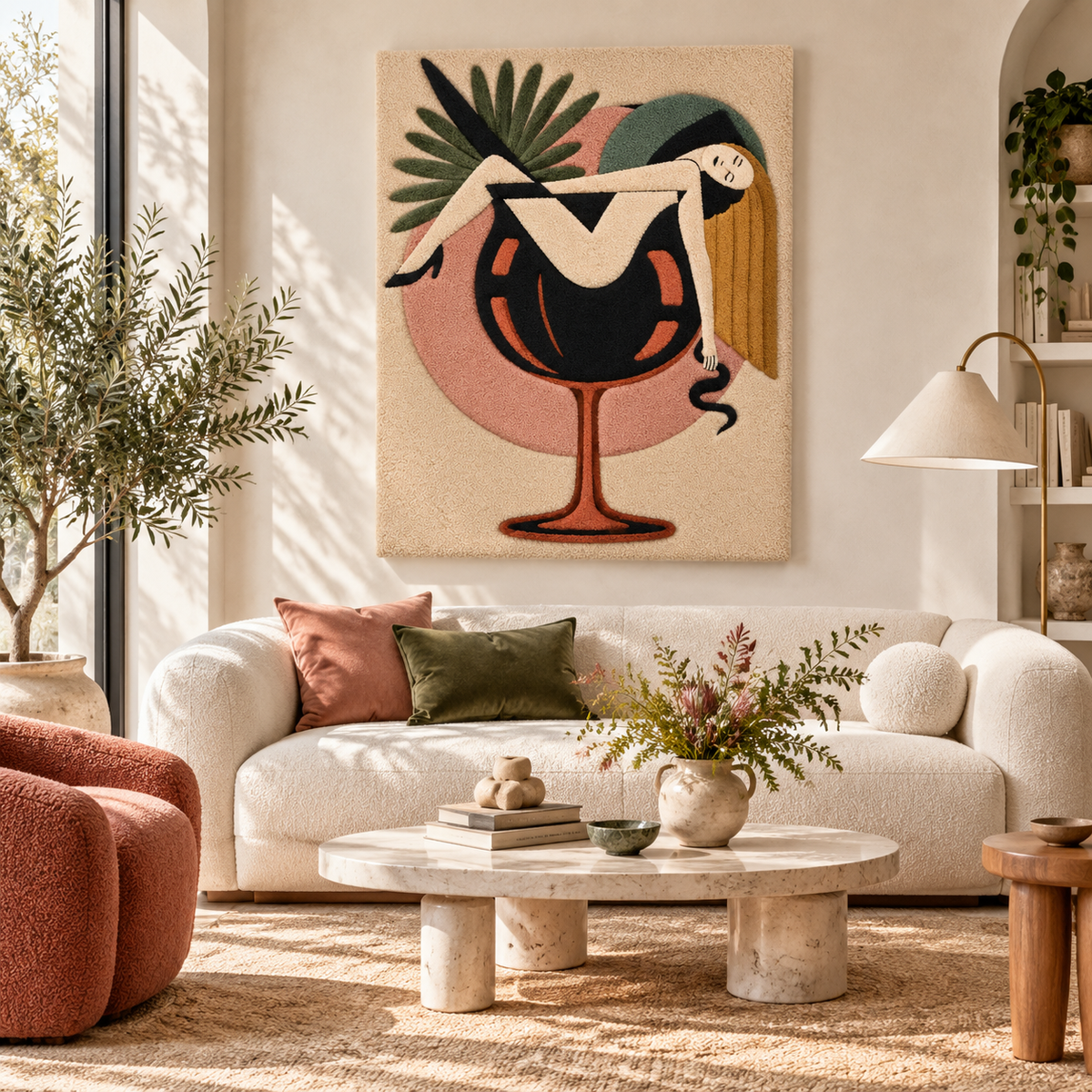 Hewn Earth Palm Cocktail Daydream wall art with a vibrant tropical palm and cocktail scene, perfect for modern interior decor.