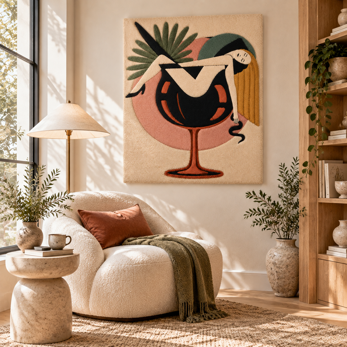 Hewn Earth Palm Cocktail Daydream wall art featuring a vibrant tropical palm and cocktail scene in a modern room setting