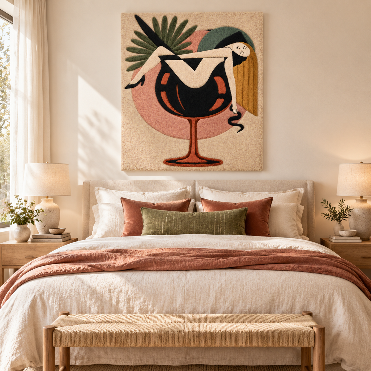 Hewn Earth Palm Cocktail Daydream wall art featuring tropical palm leaves and vibrant colors in a modern room setting.