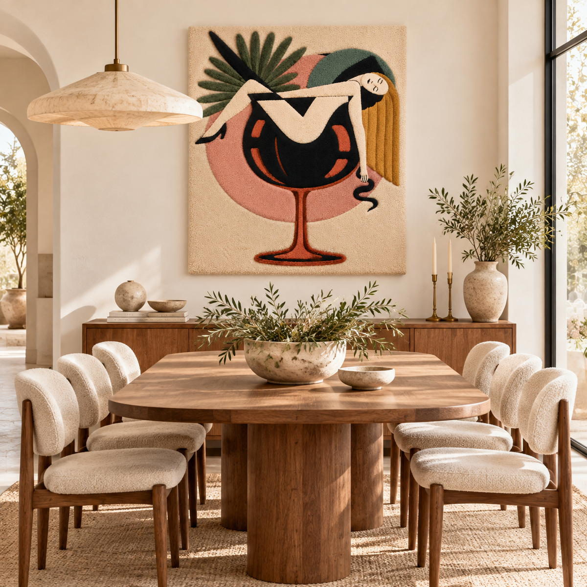 Hewn Earth Palm Cocktail Daydream wall art featuring a tropical palm tree and colorful sunset scene in a modern room decor setting