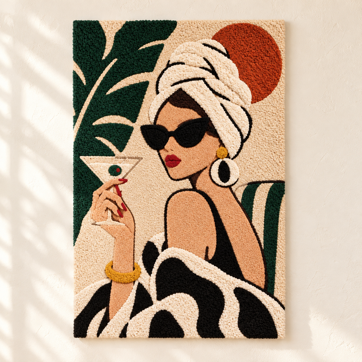 Hewn Earth wall art featuring a palm cocktail portrait with vibrant colors and tropical theme, perfect for modern home decor.