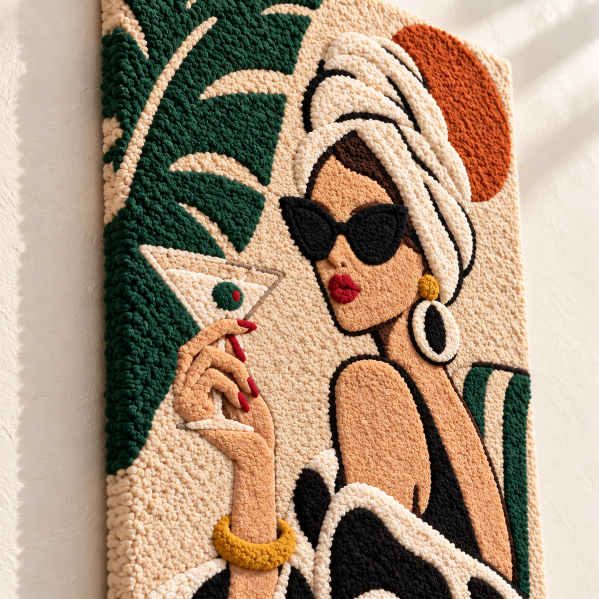 Hewn Earth palm cocktail portrait wall art featuring a vibrant, artistic depiction of a tropical drink with palm leaves.