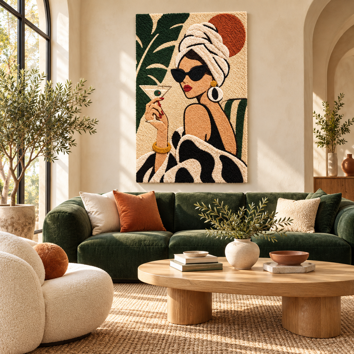 Hewn Earth palm cocktail portrait wall art featuring a vibrant tropical drink illustration on a neutral background.