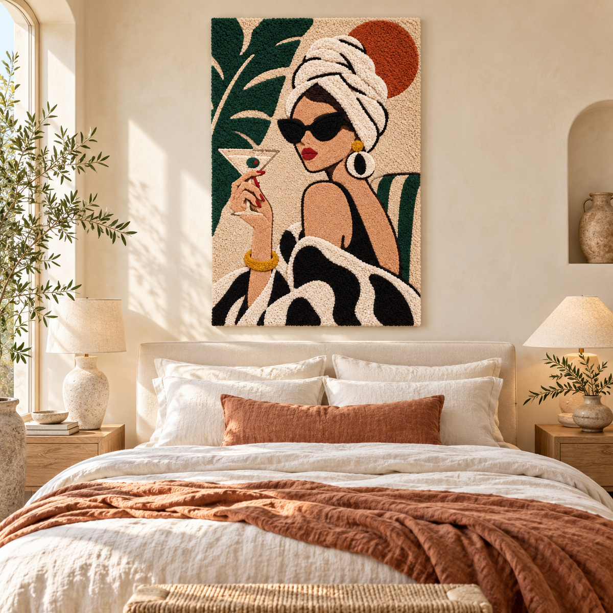 Hewn Earth wall art featuring a palm cocktail portrait, vibrant tropical-themed wall decor for a stylish room accent.