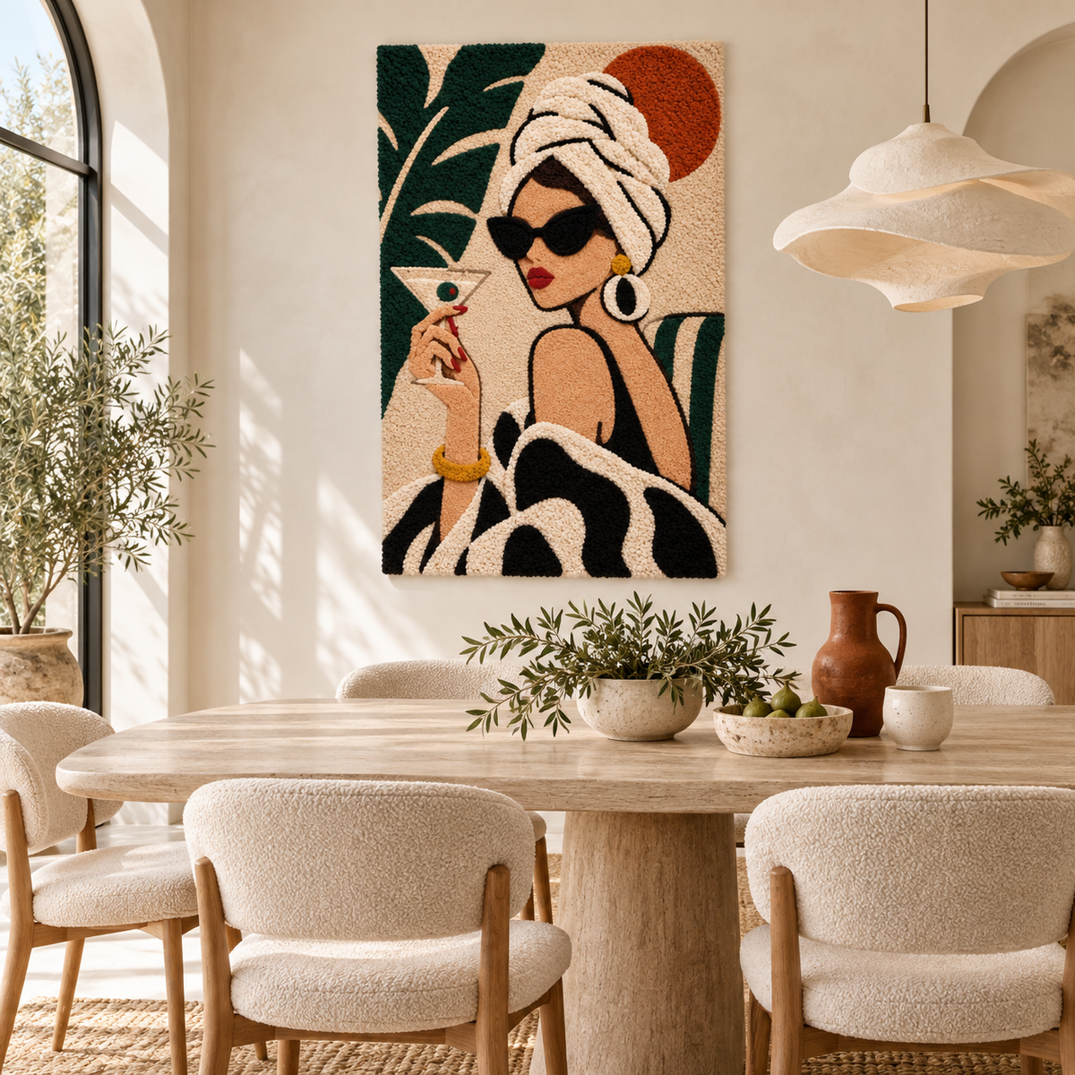 Hewn Earth palm cocktail wall art portrait hanging in a room, featuring a vibrant tropical-inspired design on canvas.