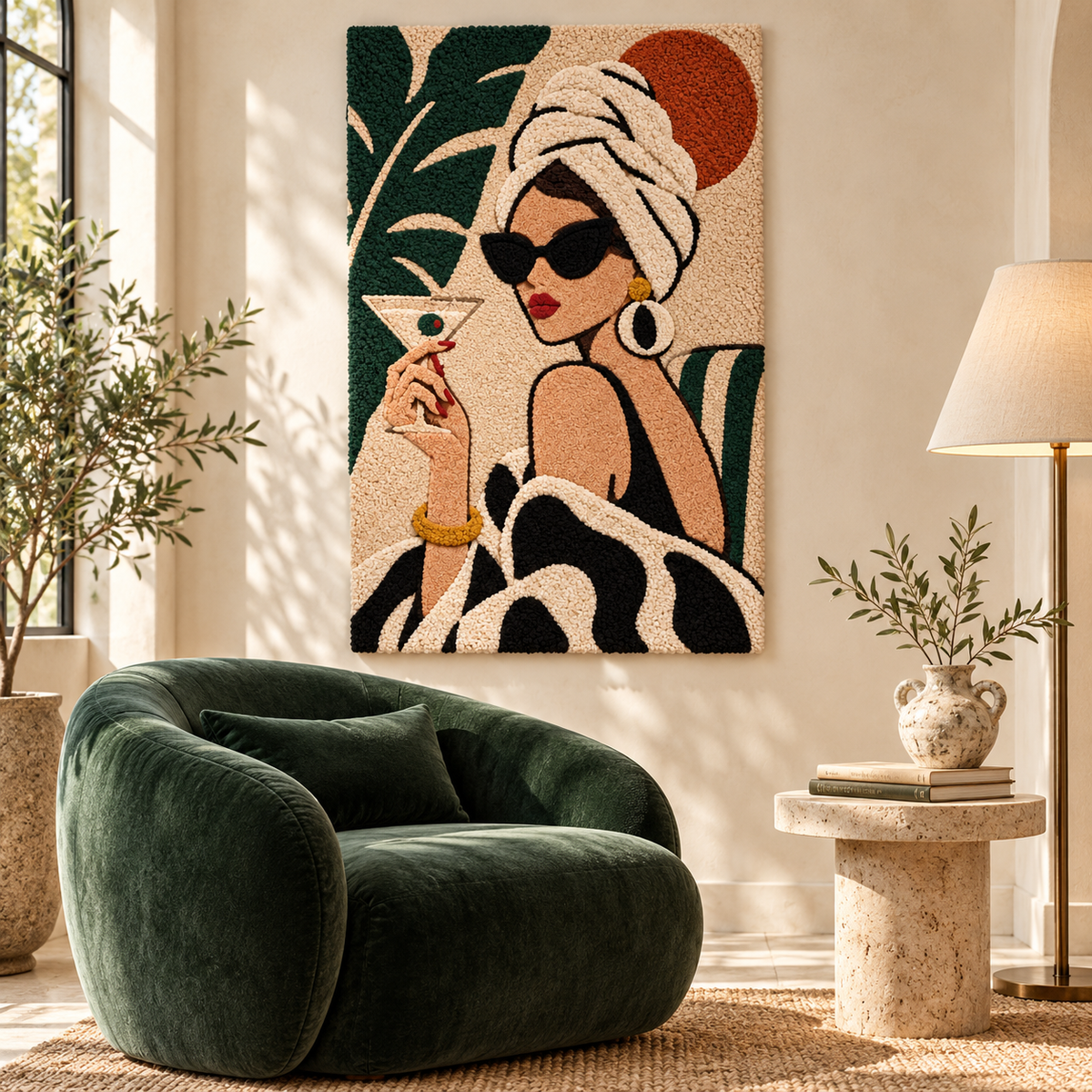 Hewn Earth wall art featuring a palm cocktail portrait, displayed in a modern room with a sleek, stylish decor setup.