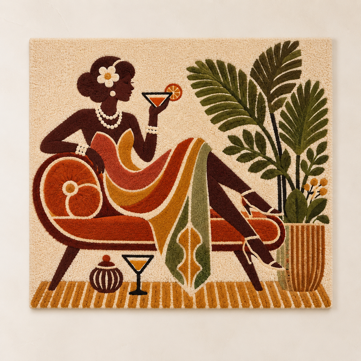 Hewn Earth Palm Lounge Aperitif wall art featuring a stylish, tropical-inspired design with palm leaves and warm tones.