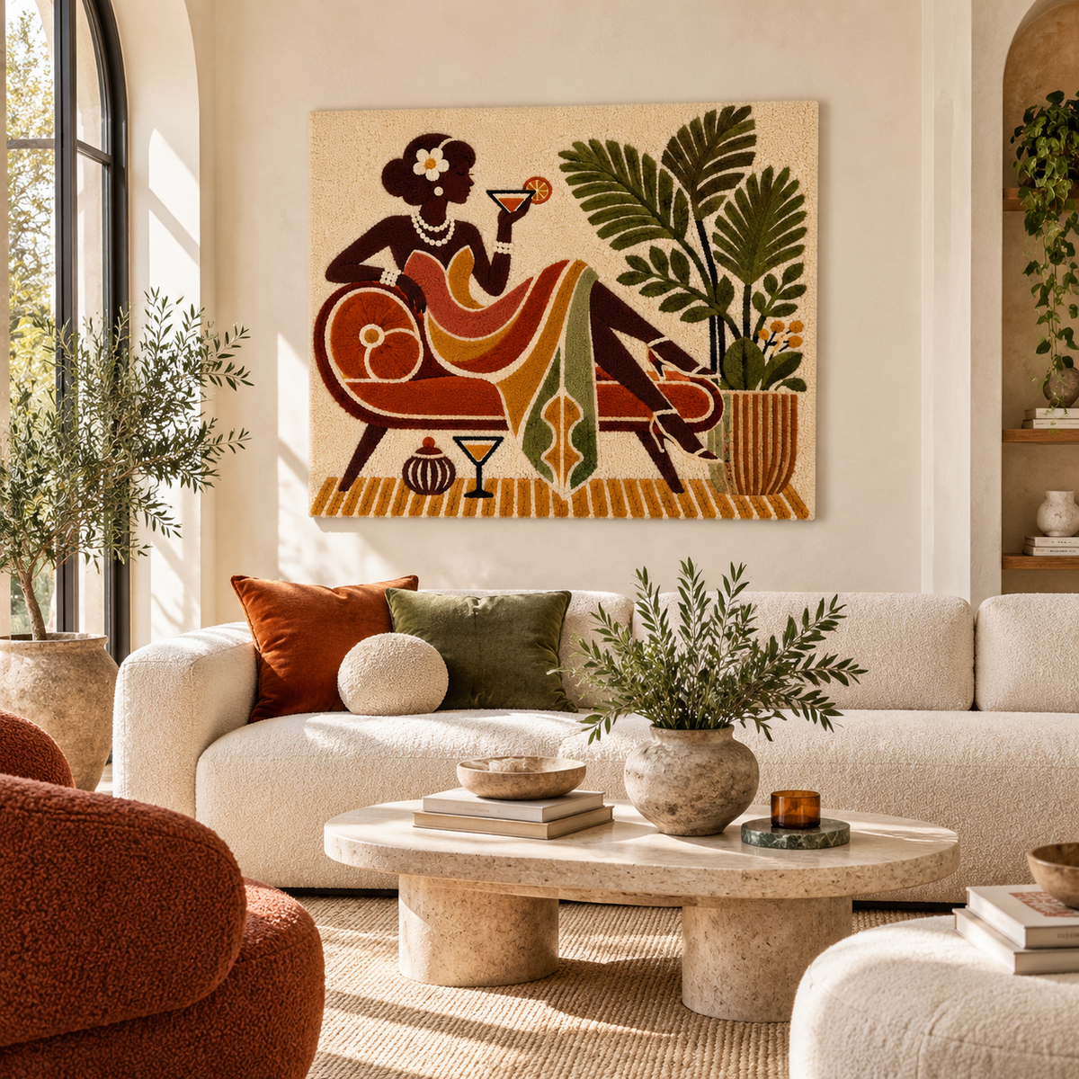 Hewn Earth Palm Lounge Aperitif wall art featuring a tropical scene with palm trees and lounge furniture in vibrant colors.