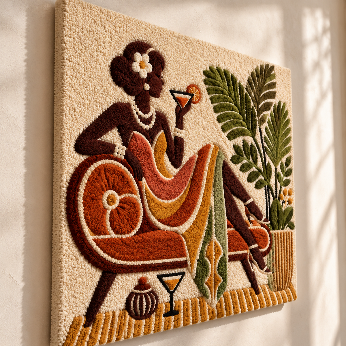 Hewn Earth Palm Lounge Aperitif wall art featuring a stylish illustration of a lounge scene with palms and drinks, modern decor print