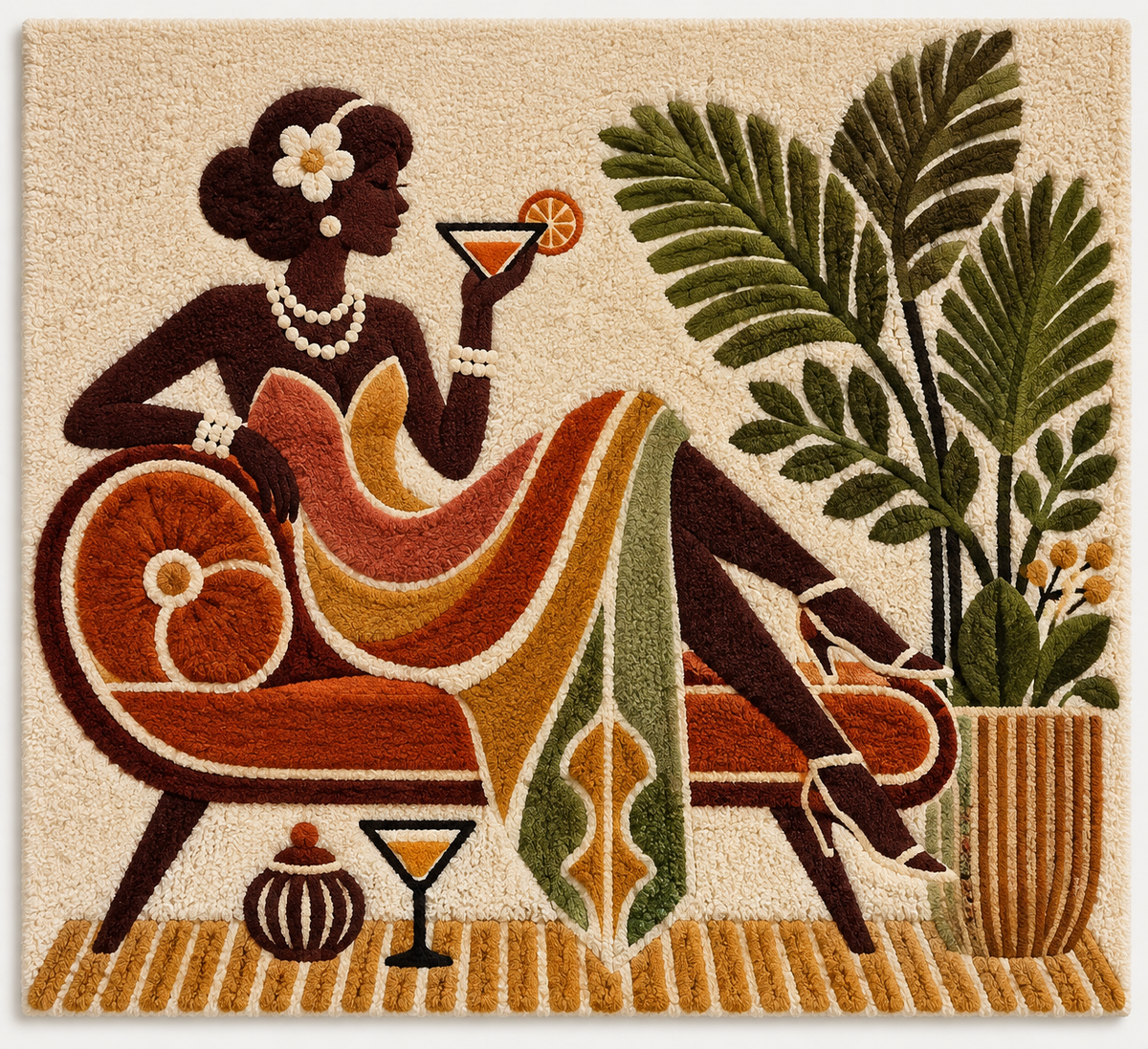 Hewn Earth Palm Lounge Aperitif wall art featuring a tropical palm scene with vibrant colors and artistic design.