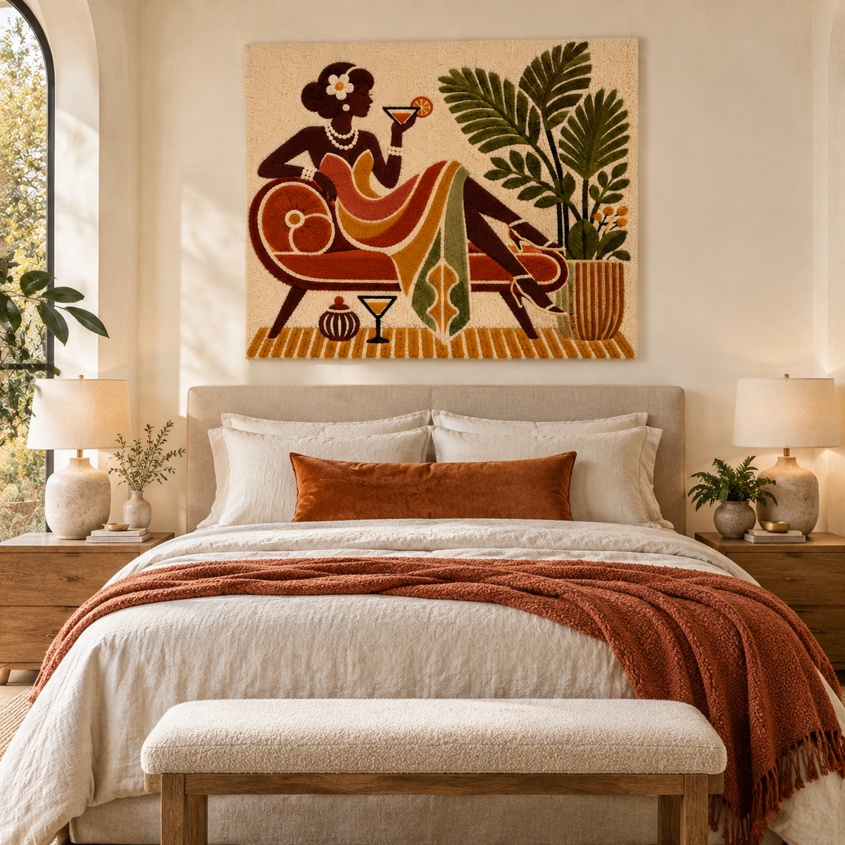 Hewn Earth Palm Lounge Aperitif wall art featuring a stylish room scene with tropical palm design and modern decor.