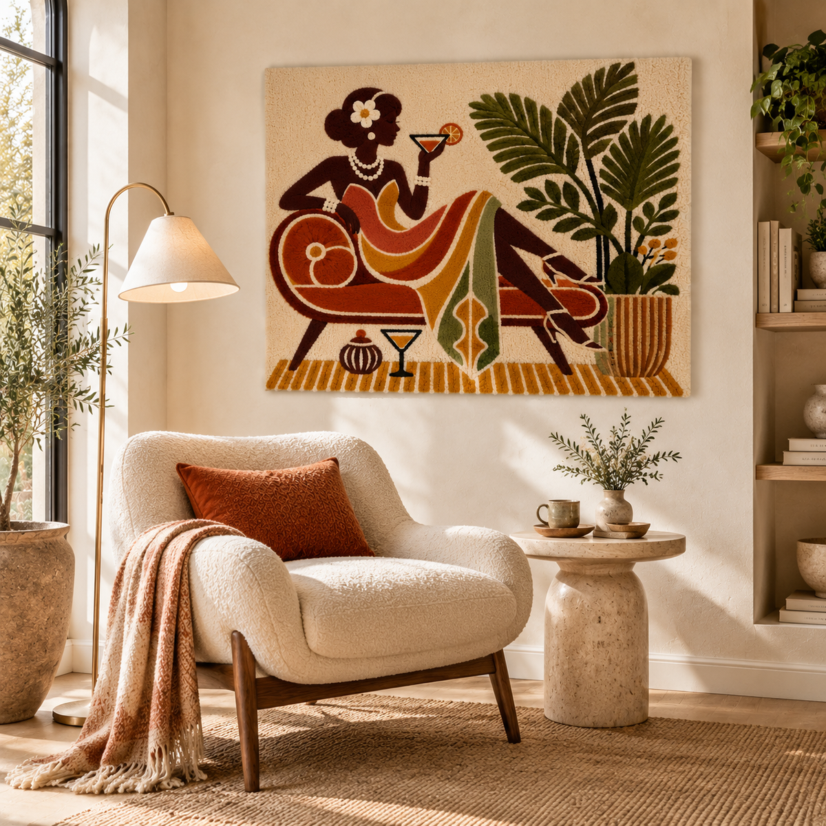 Hewn Earth Palm Lounge Aperitif wall art featuring a tropical scene with palm trees and relaxing lounge elements.