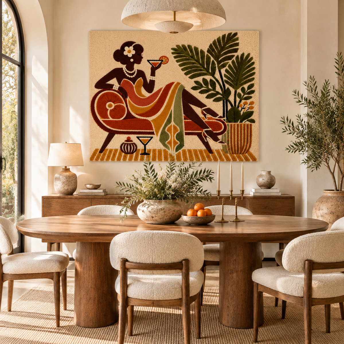 Hewn Earth Palm Lounge Aperitif wall art depicting a stylish room scene with tropical palm decor and vibrant colors.