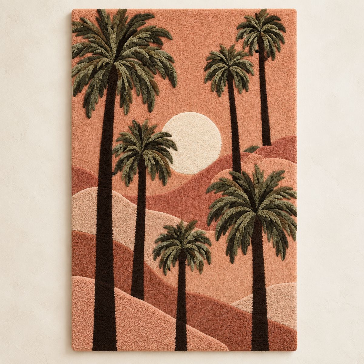 Hewn Earth wall art titled "Palm Shadows in a Peach Desert" featuring silhouettes of palm trees against a peach-colored desert sky.