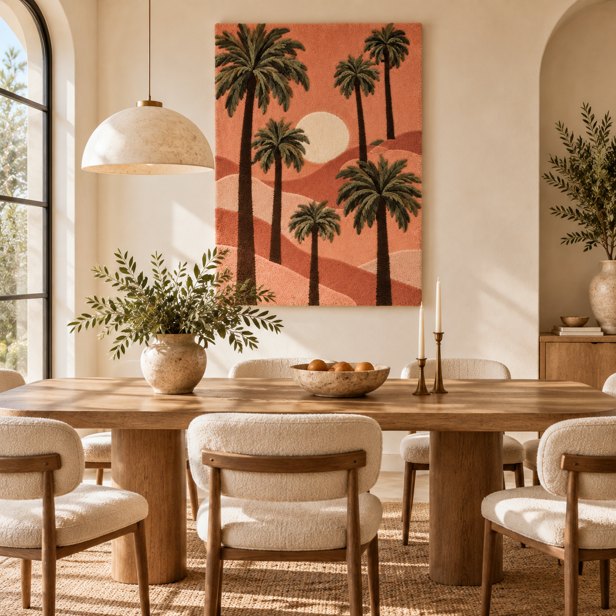 Hewn Earth wall art featuring palm shadows in a peach desert scene displayed in a modern room setting