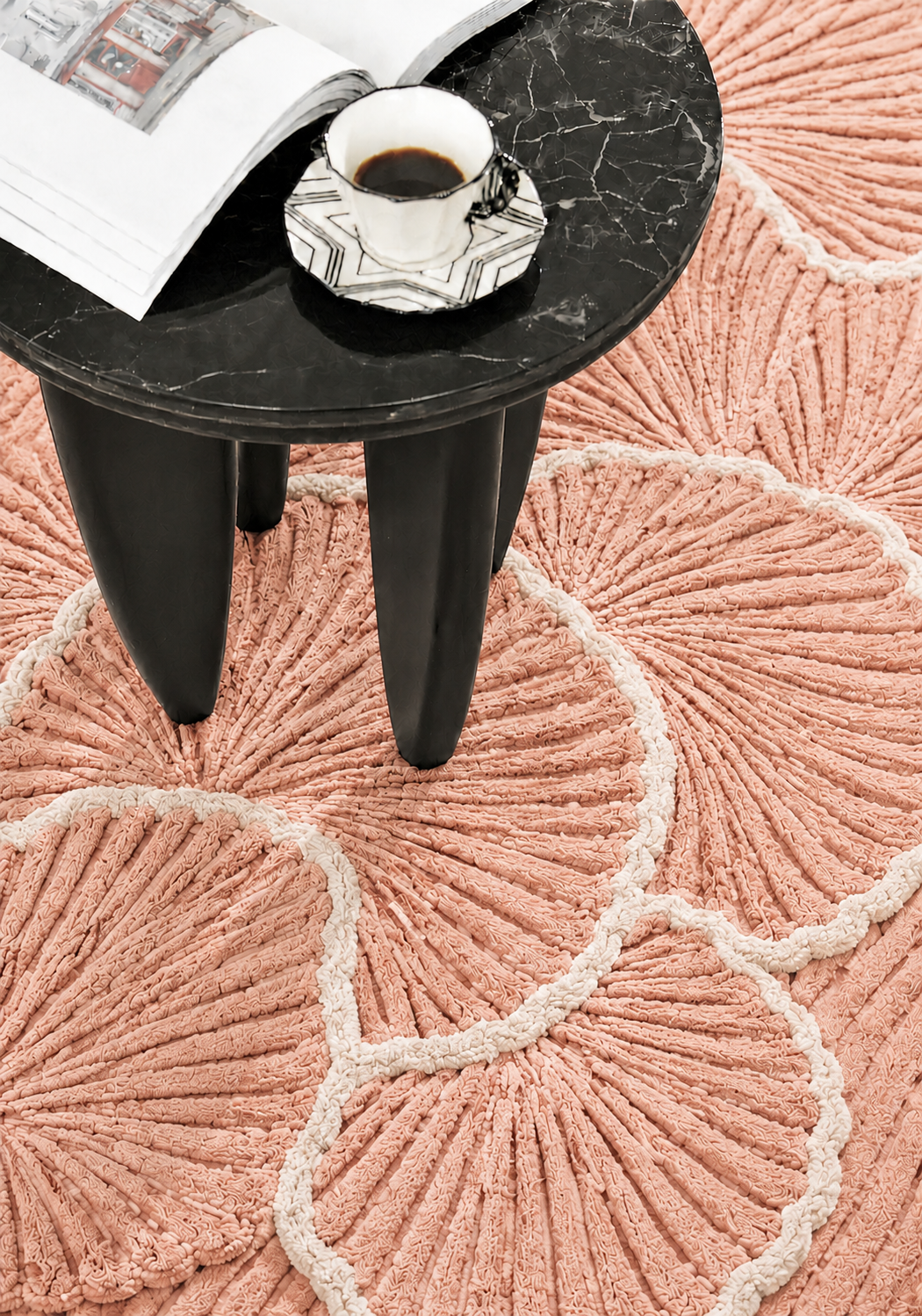 Hewn Earth Studio Palma rug with intricate geometric pattern in neutral tones, showcasing detailed woven design.