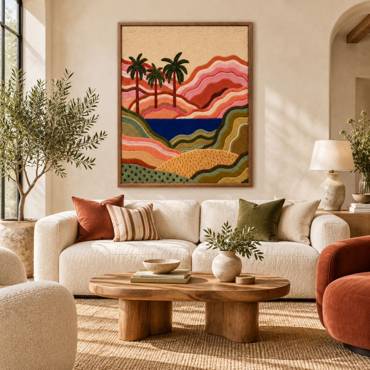 Palms Over Coral Hills — front-facing room scene