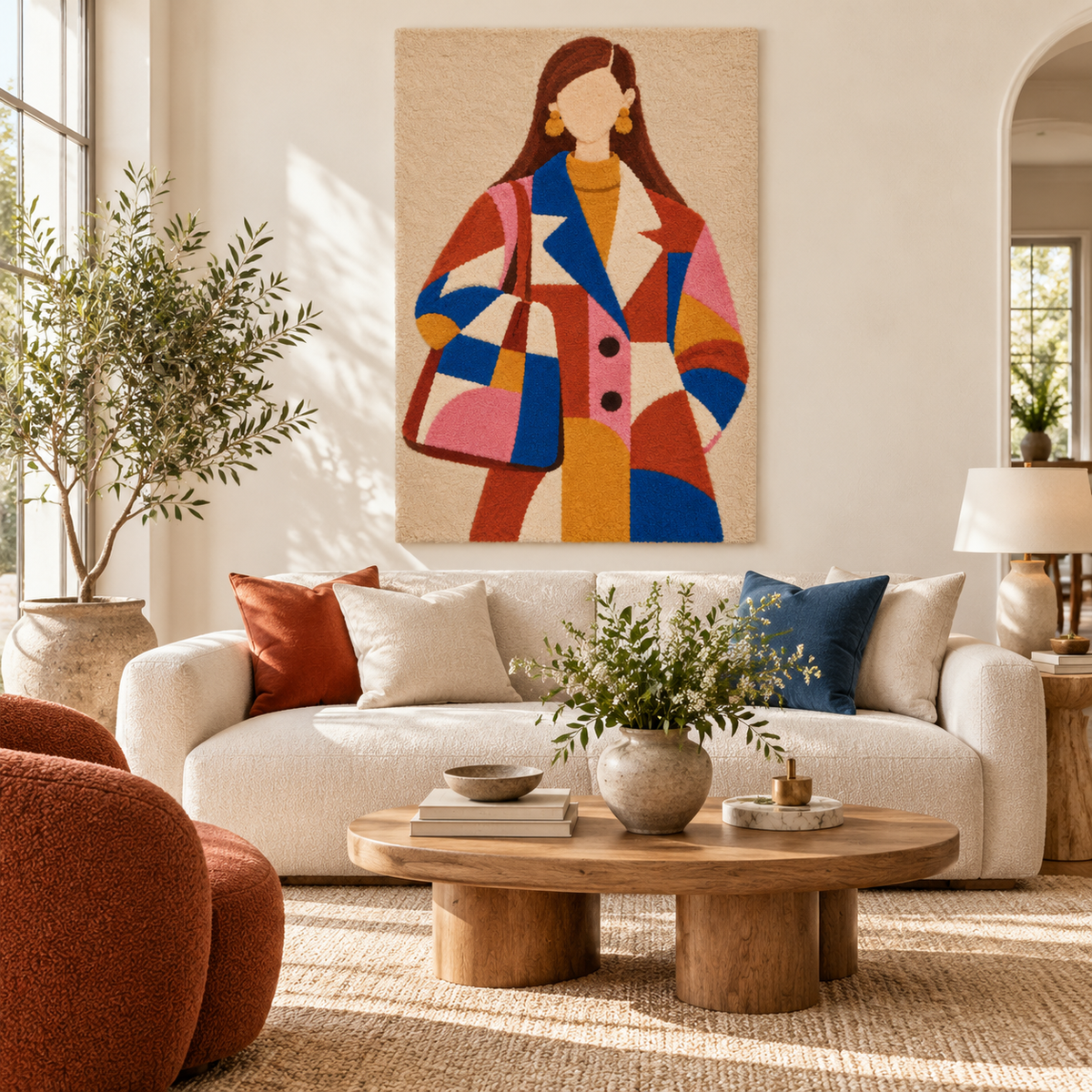 Patchwork Coat in Primary Hues — front-facing room scene [room-front]