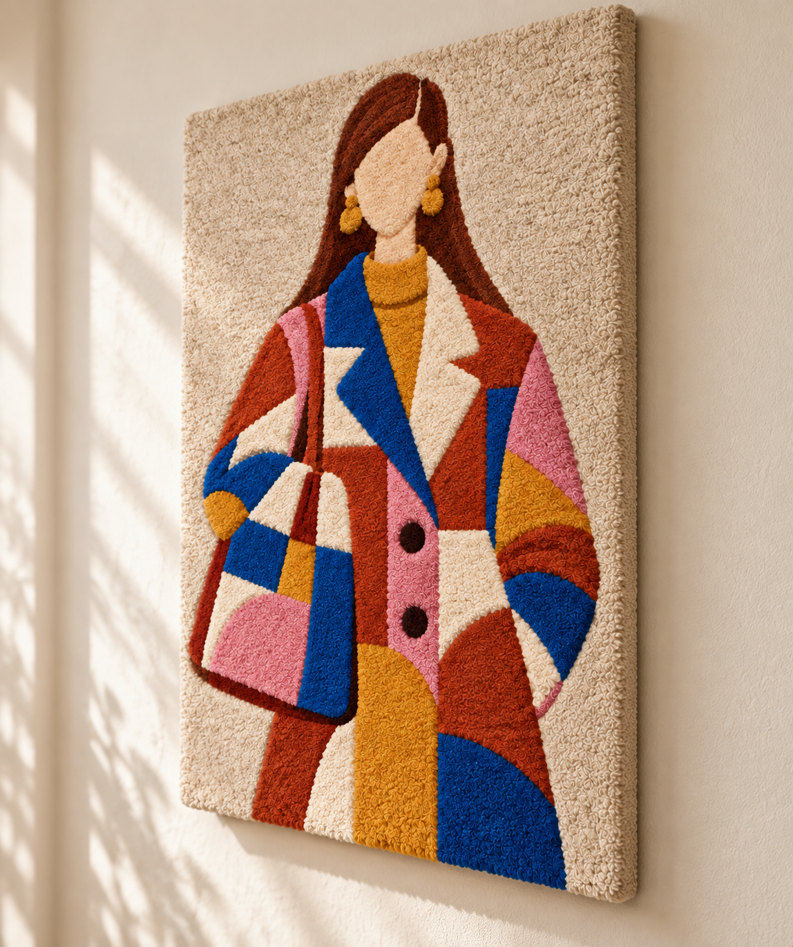 Patchwork Coat in Primary Hues — angled relief view