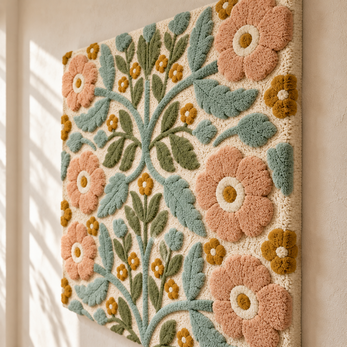 Hewn Earth peach blossom branchwork wall art featuring delicate pink blossoms and slender branches, displayed from an angled perspective.
