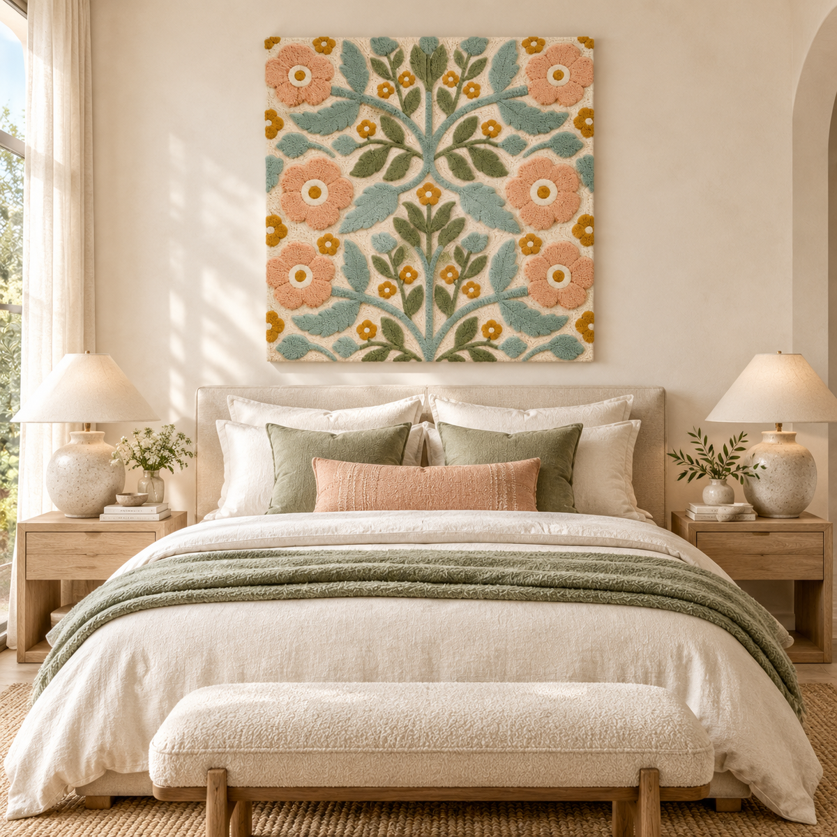 Hewn Earth Peach Blossom Branchwork wall art displayed in a room scene, showcasing delicate peach blossoms on a branch.
