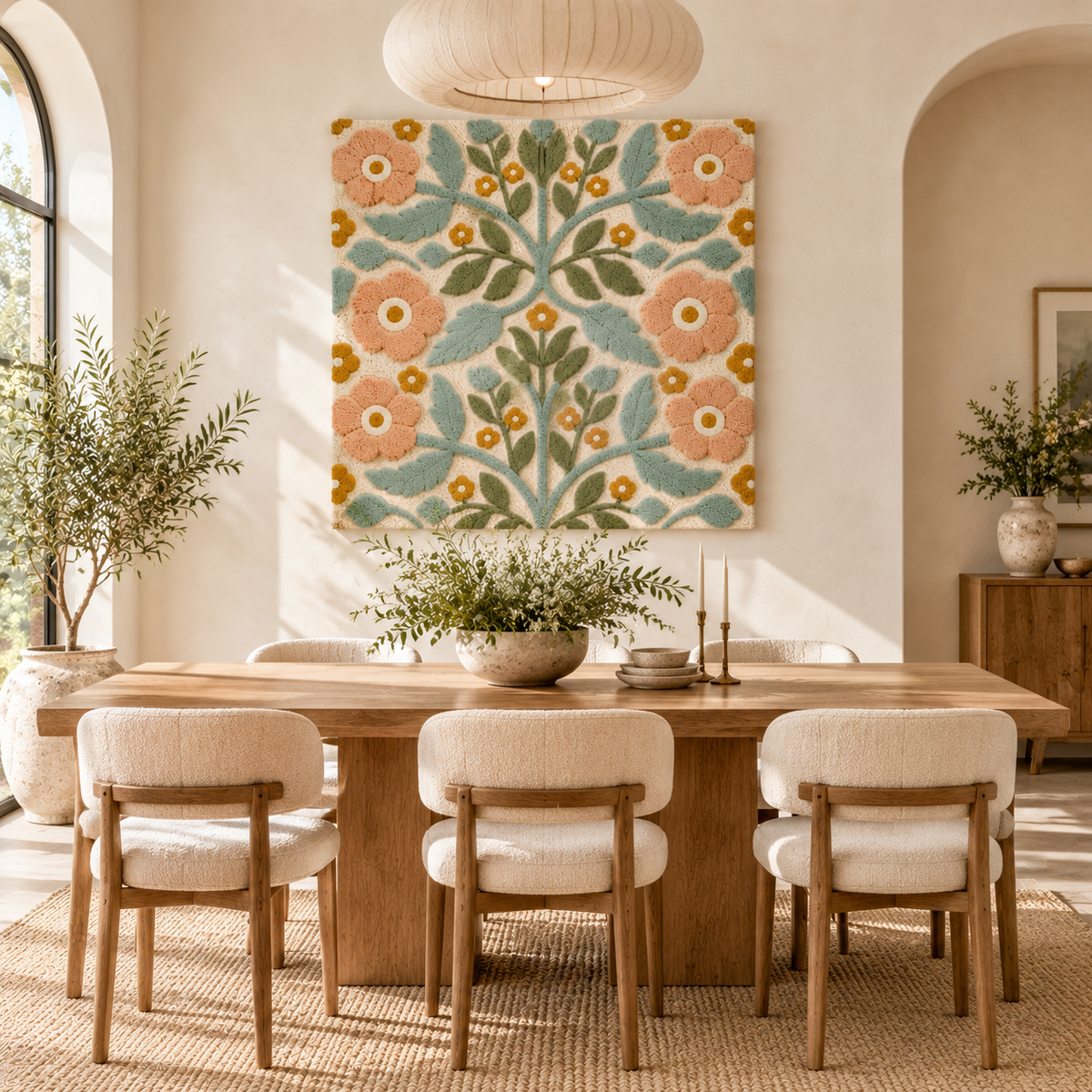 Hewn Earth Peach Blossom Branchwork wall art hanging on a wall, featuring detailed peach blossoms and branches in a room setting.