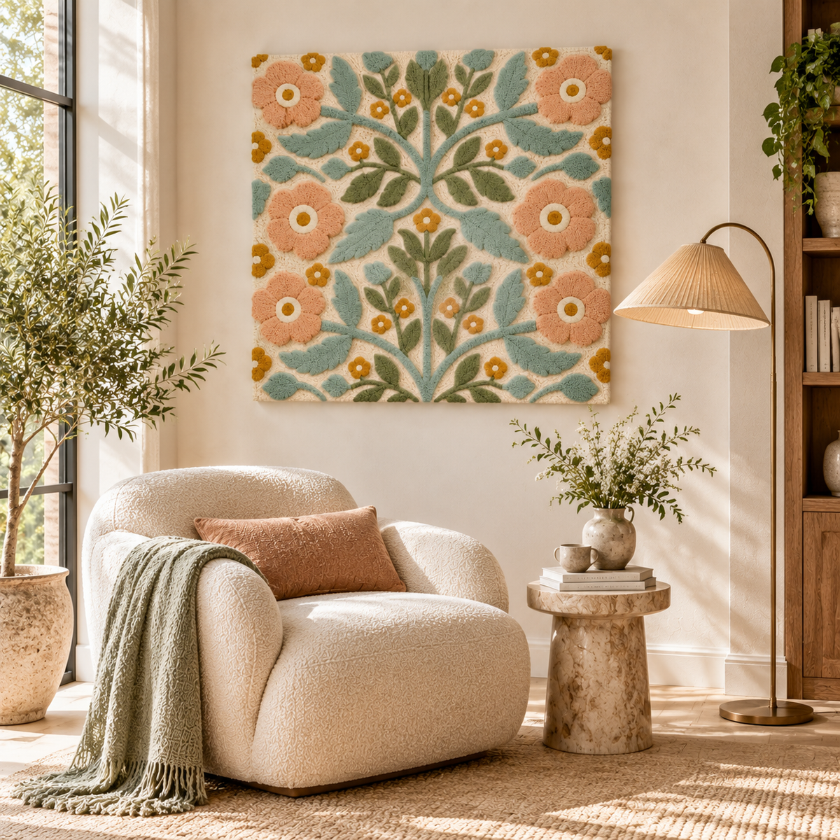 Hewn Earth Peach Blossom Branchwork wall art decor hanging on a wall in a modern room interior.