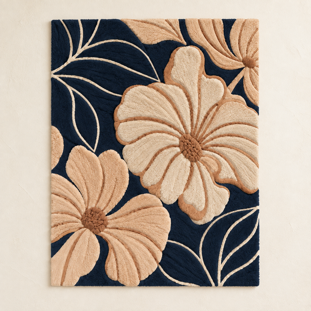 Peach hibiscus flower wall art by Hewn Earth featuring vibrant peach blooms against midnight blue lines.