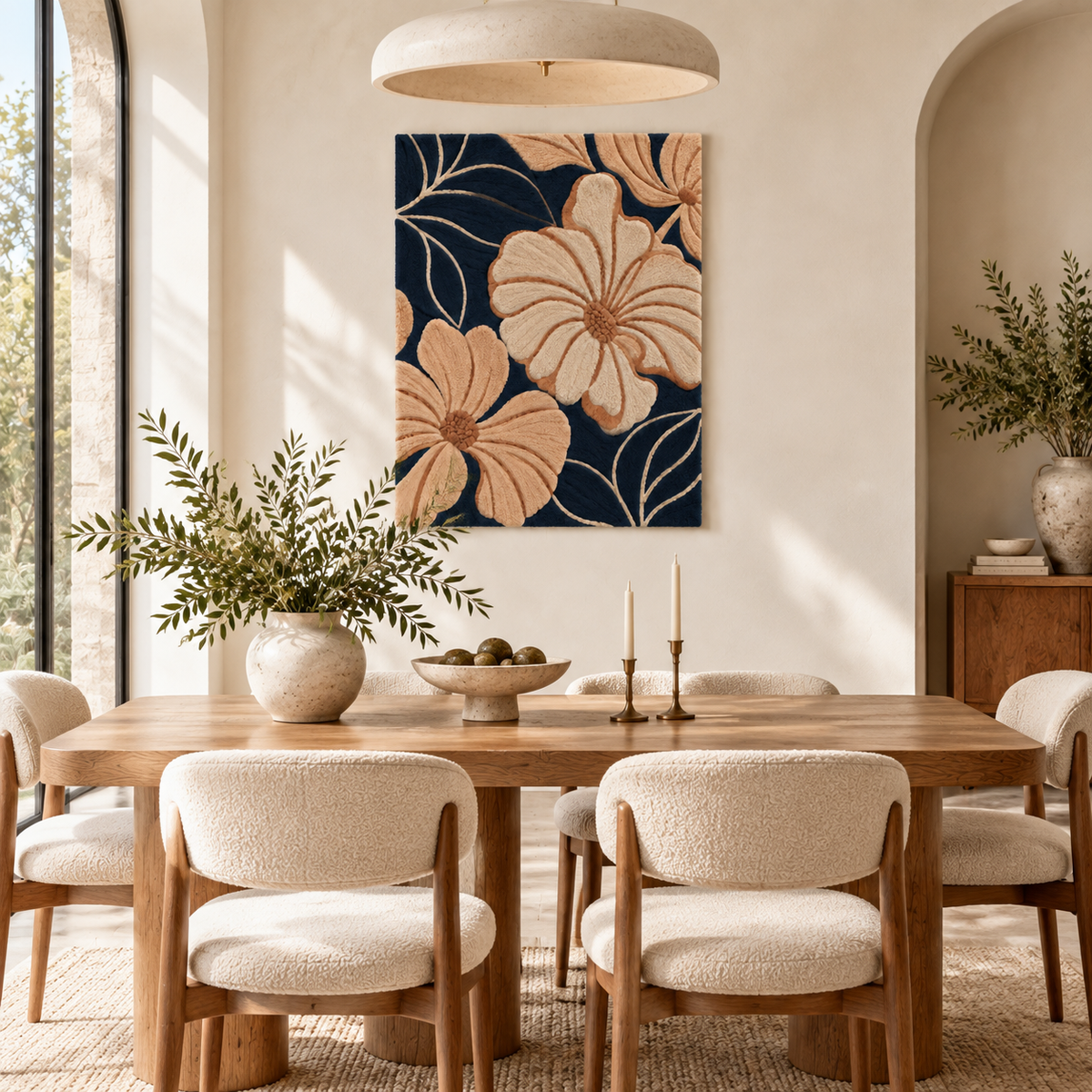 Wall art featuring peach hibiscus flowers against midnight lines, designed by Hewn Earth, displayed in a modern room setting.