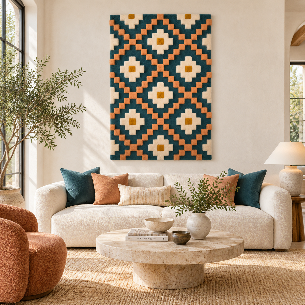 Peach Step Diamond Lattice wall art by Hewn Earth featuring a geometric diamond pattern on a neutral background.