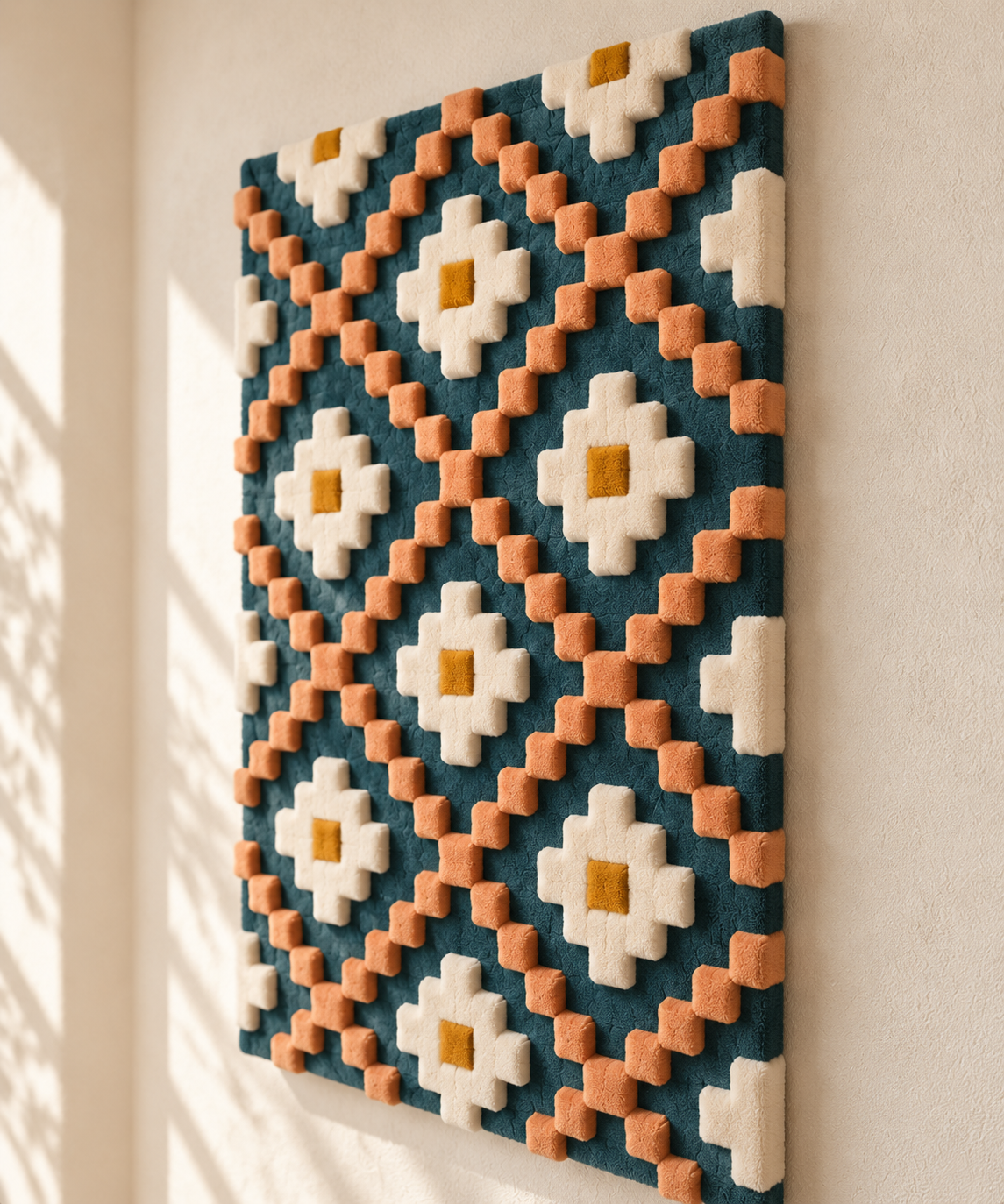 Hewn Earth Peach Step Diamond Lattice wall art features a geometric pattern with peach-colored diamond shapes on a neutral background.