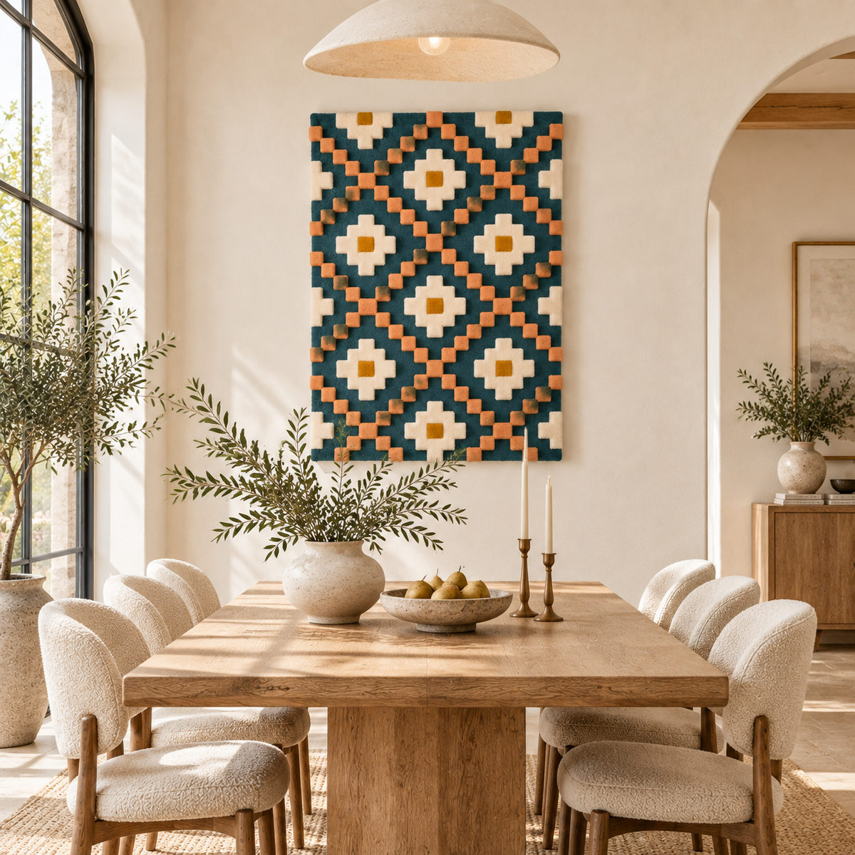 Hewn Earth Peach Step Diamond Lattice wall art displayed in a room scene with neutral decor and natural lighting.