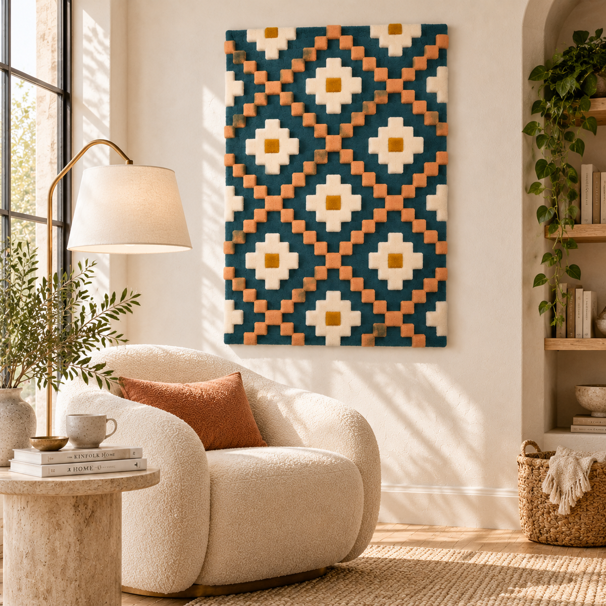 Hewn Earth Peach Step Diamond Lattice wall art displayed on a modern living room wall, adding a warm, textured decorative accent.