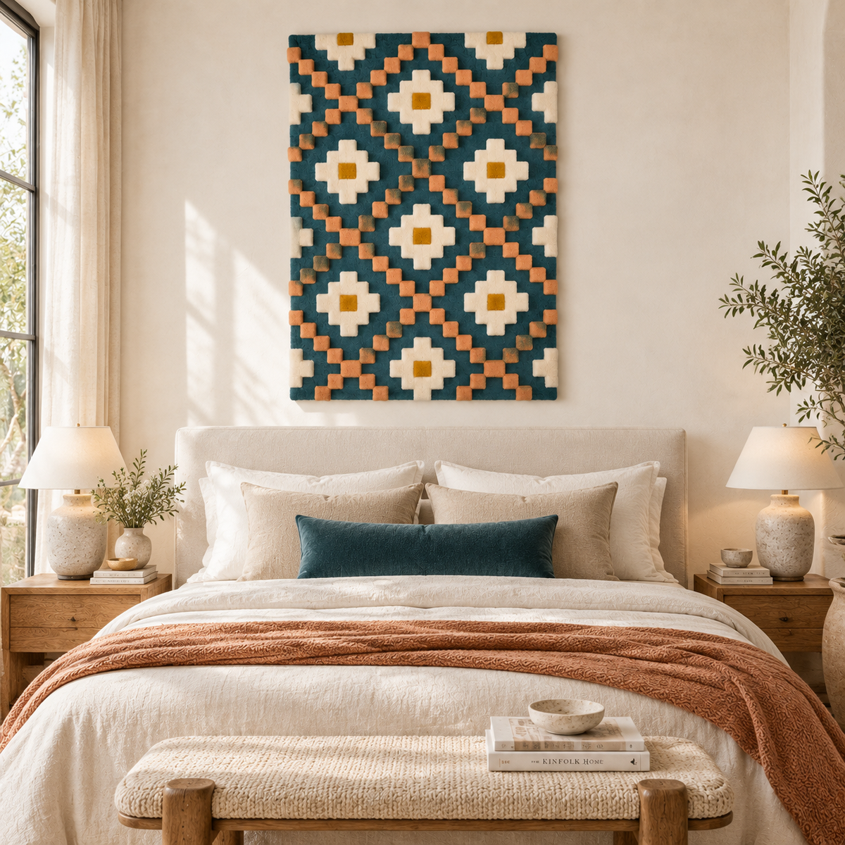 Hewn Earth Peach Step Diamond Lattice wall art displayed in a modern room setting with neutral decor and natural lighting.