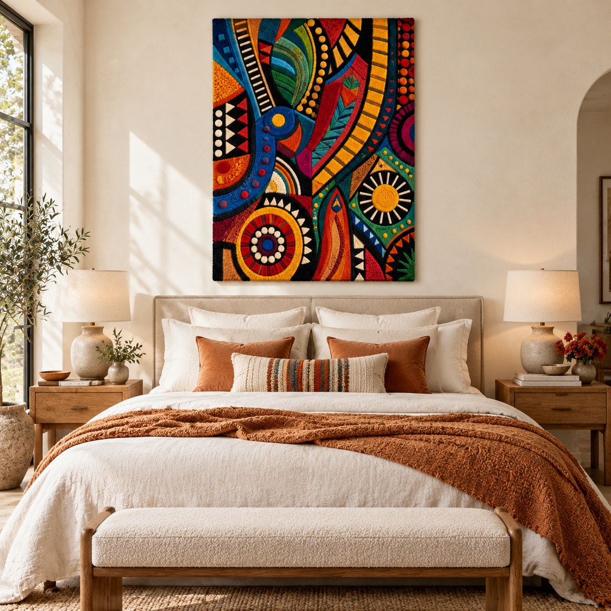 Hewn Earth Peacock Carnival Mosaic wall art featuring a colorful peacock design displayed in a stylish room scene.