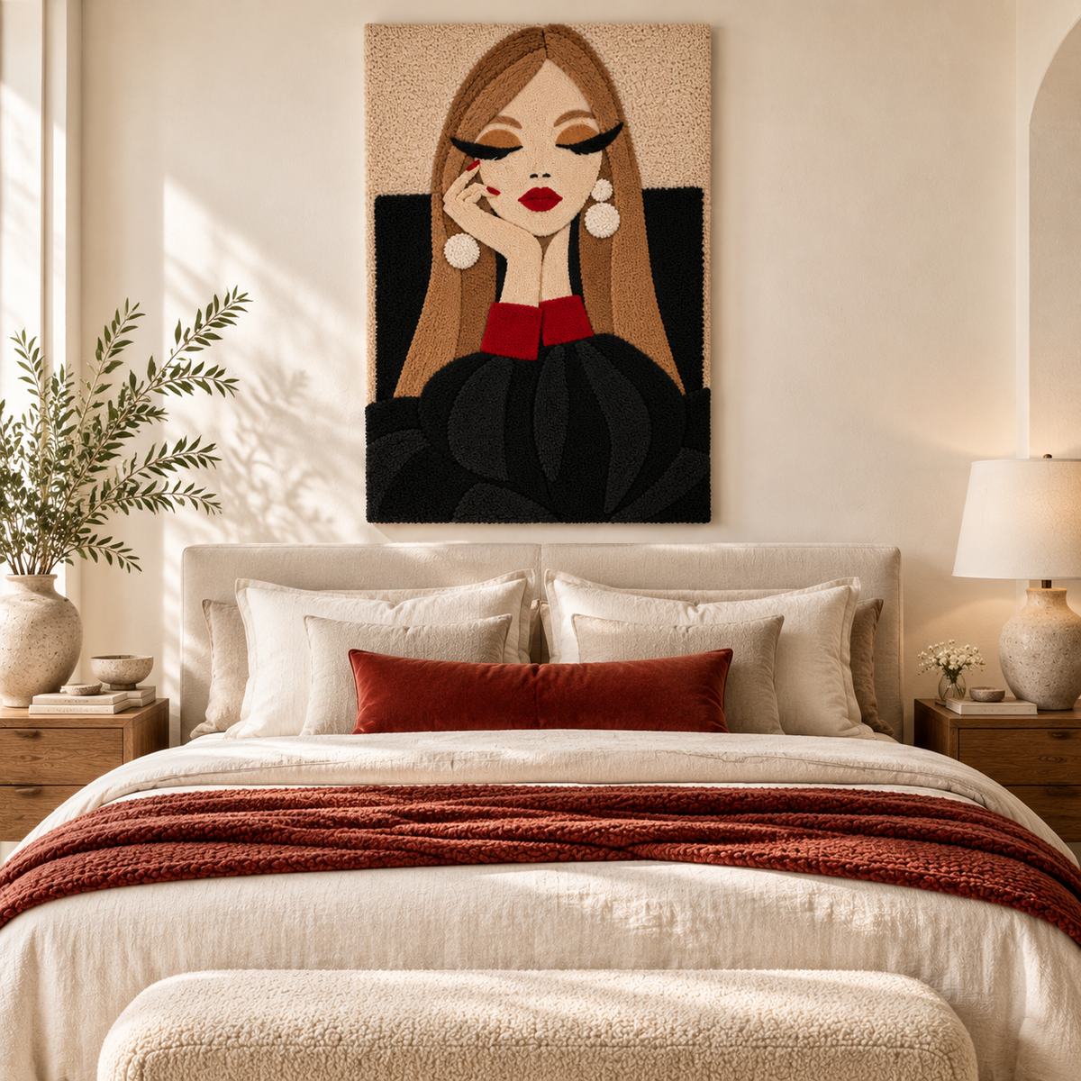 Elegant pearl earrings displayed on a wall art piece titled "Quiet Black" by Hewn Earth, featuring a minimalist black background with pearl accents.